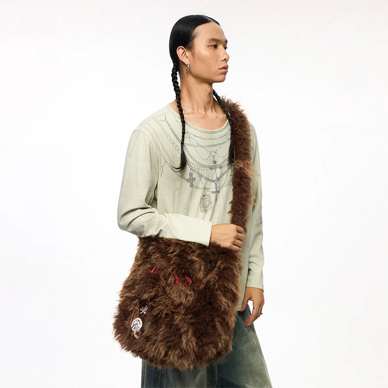 Brown Plush Embroidered & Leather Crossbody Bag – Large Capacity Secondary image