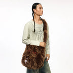 Brown Plush Embroidered & Leather Crossbody Bag – Large Capacity