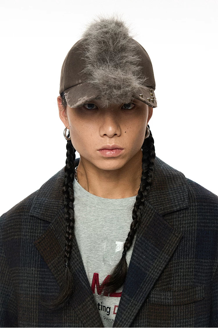 Vintage Punk Distressed Mohair Plush Newsboy Cap with Studs – Washed Texture
