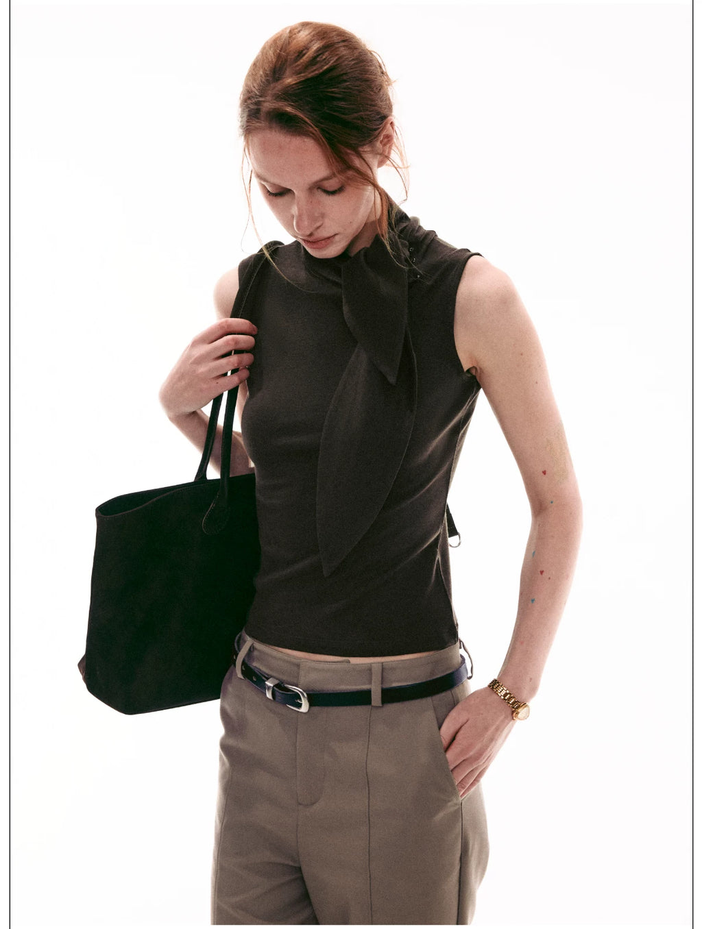 Elegant French Tie-Neck Sleeveless Fitted Top