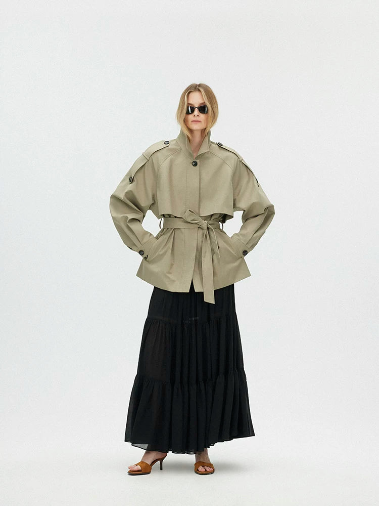 Cropped Trench Jacket with Curved Shoulders and Tie Detail