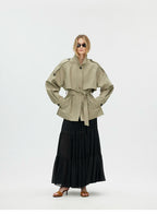 Cropped Trench Jacket with Curved Shoulders and Tie Detail