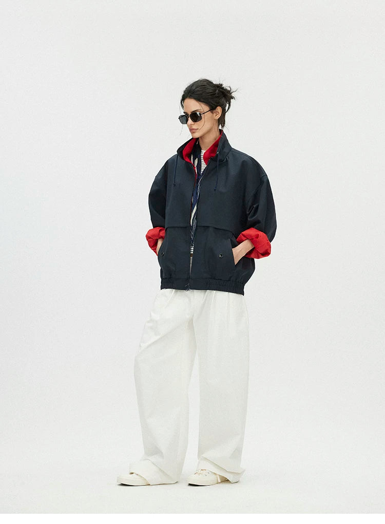 Contrast Trim Double-Placket Stand Collar Oversized Jacket