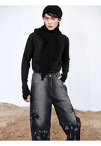 Heavyweight Washed Straight-Leg Jeans with Floral Appliqué