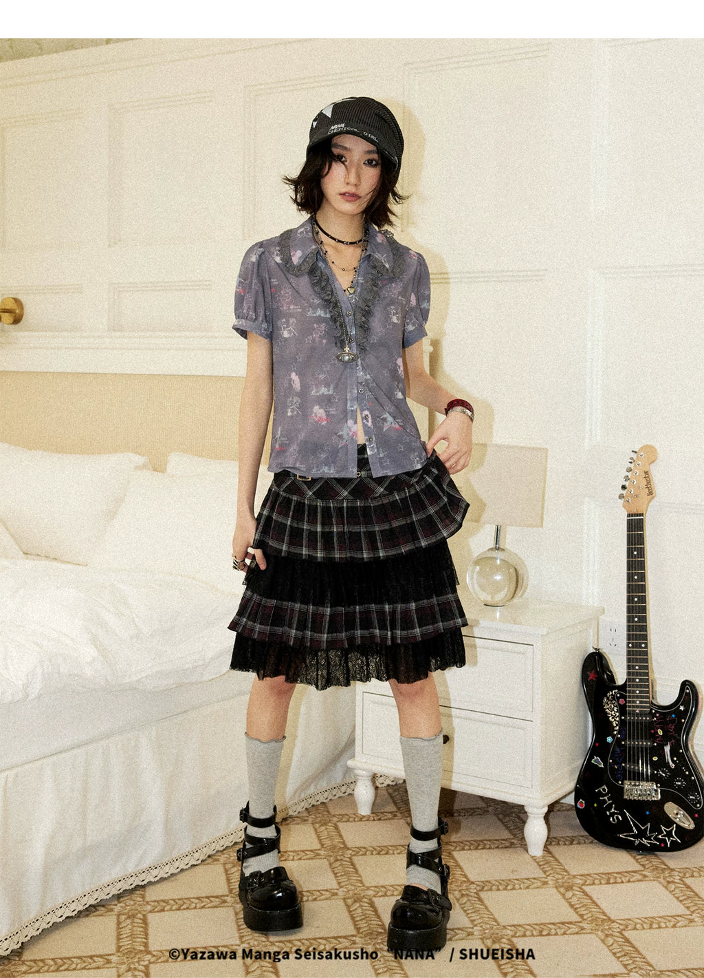 All-Over Print Lace Trim Button-Up Short Sleeve Shirt