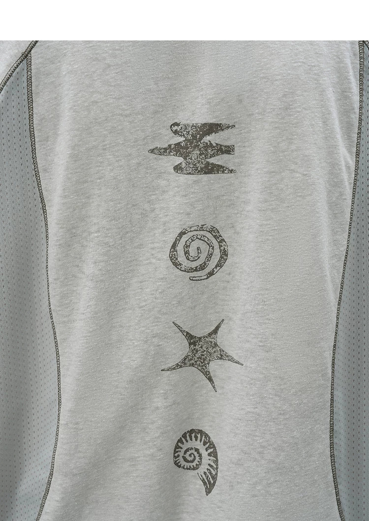 Loose Casual Linen-Blend Patchwork Printed T-Shirt