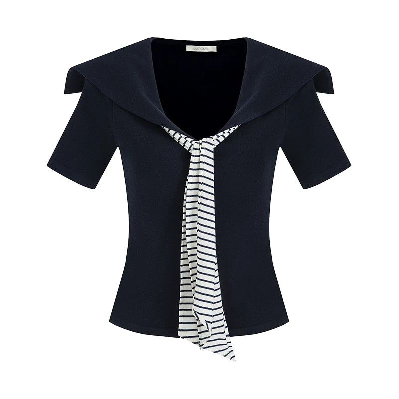 Vintage Sailor Collar Striped Knit Short Sleeve Top with Tie Detail