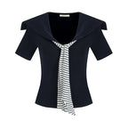 Vintage Sailor Collar Striped Knit Short Sleeve Top with Tie Detail