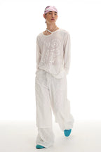 Semi-Sheer Printed Fitted Knit Long Sleeve T-Shirt
