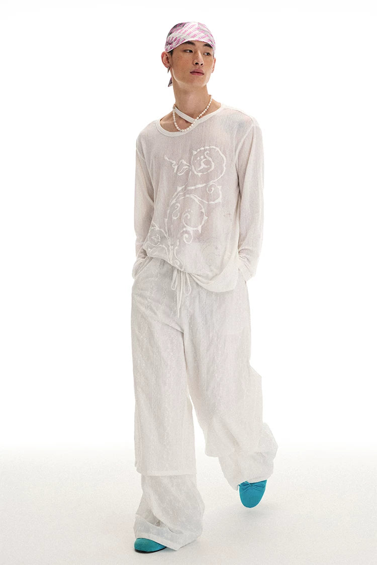Semi-Sheer Printed Fitted Knit Long Sleeve T-Shirt