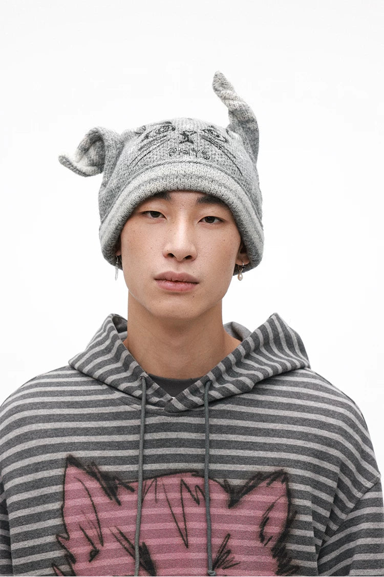 Adjustable Cat Ear Knit Hat – Soft Gold Velvet Polka Dot Beanie