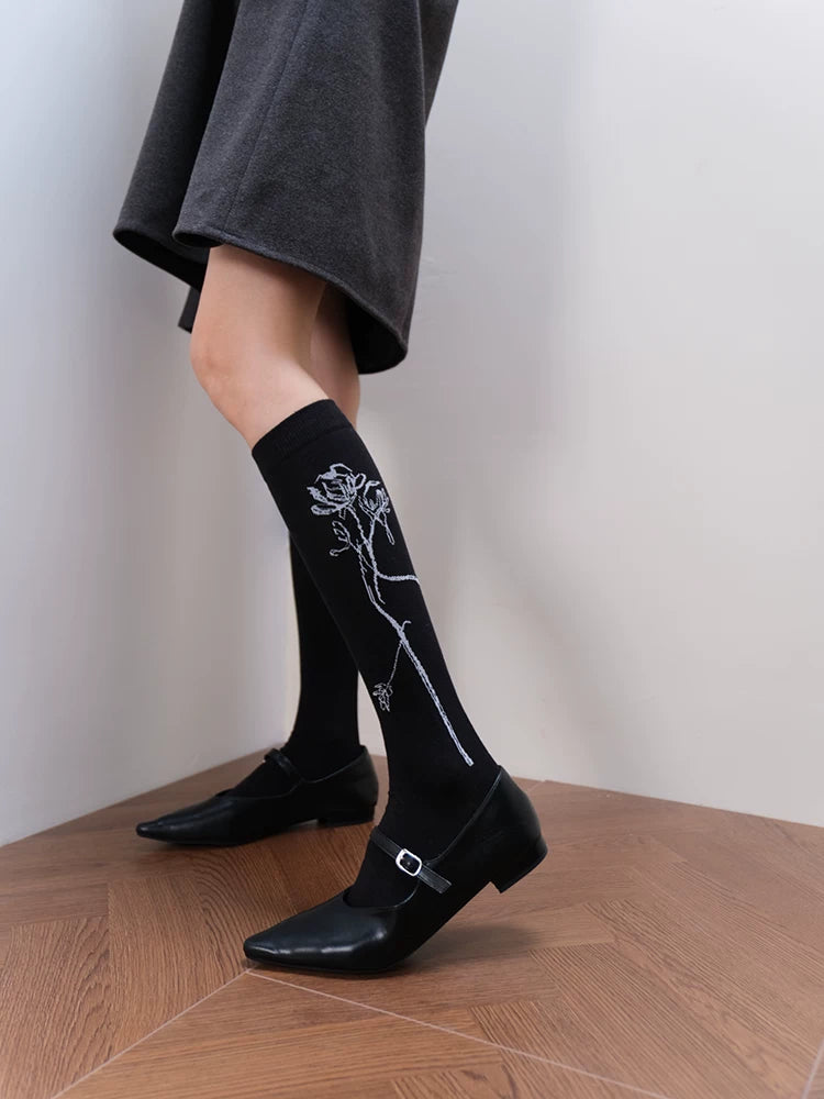 Black Crew Socks with Side Rose Embroidery