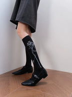 Black Crew Socks with Side Rose Embroidery
