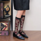 Vintage Elegant Cherry Embroidered Sheer Black Crew Socks