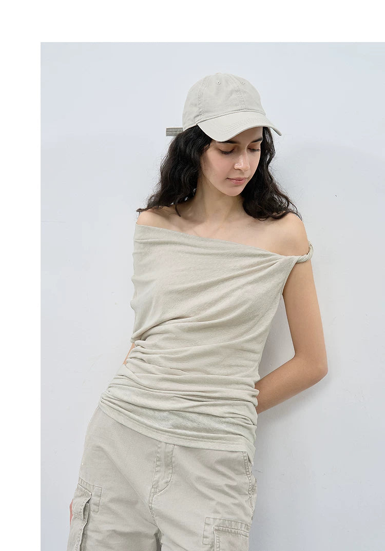 Summer Loose Casual One-Shoulder Asymmetrical Ruched T-Shirt Secondary image