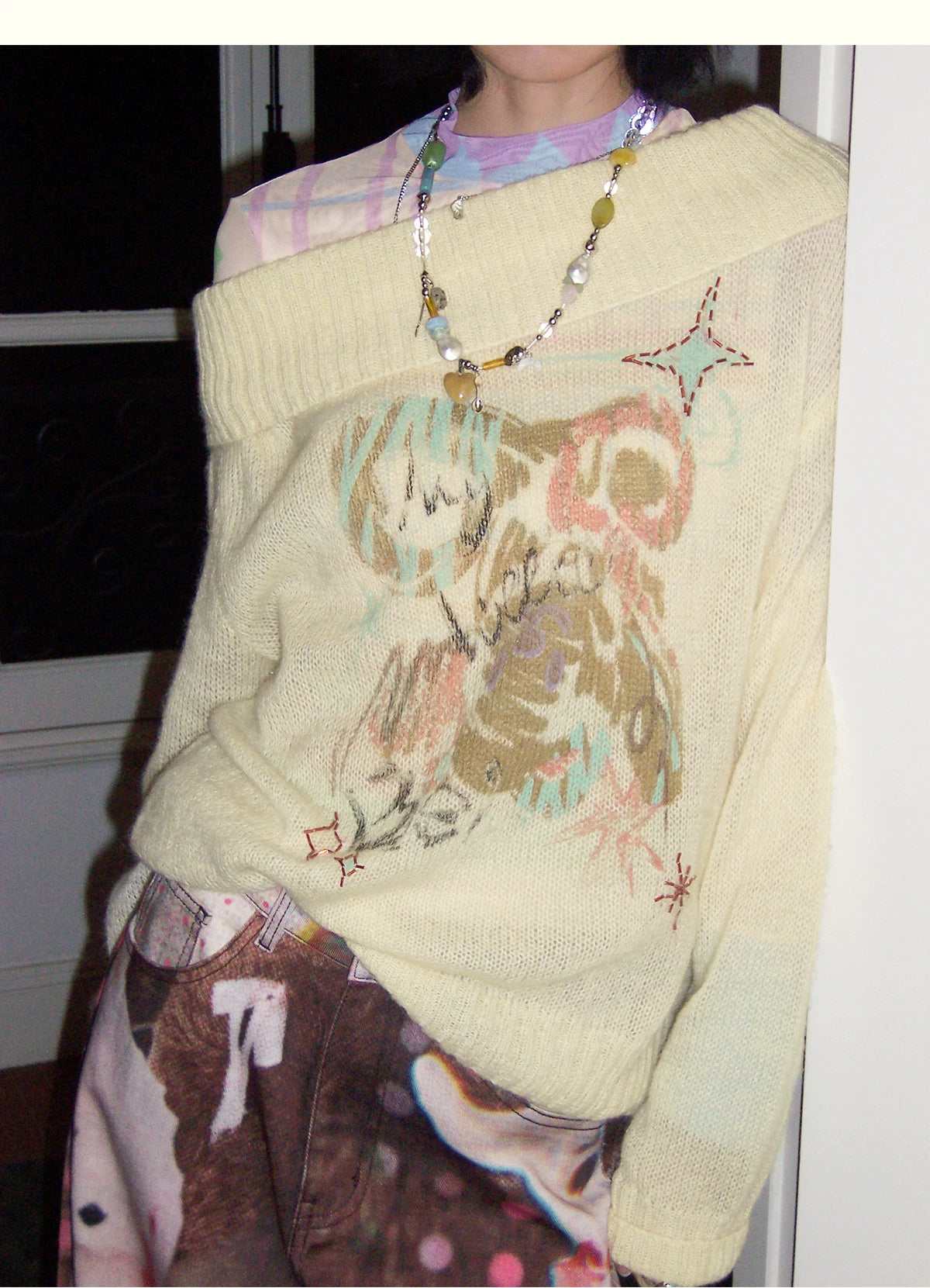 Graffiti Beaded Off-Shoulder Pullover Sweater