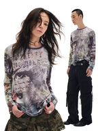 Pop Art Collage Stretch Mesh Long Sleeve Top