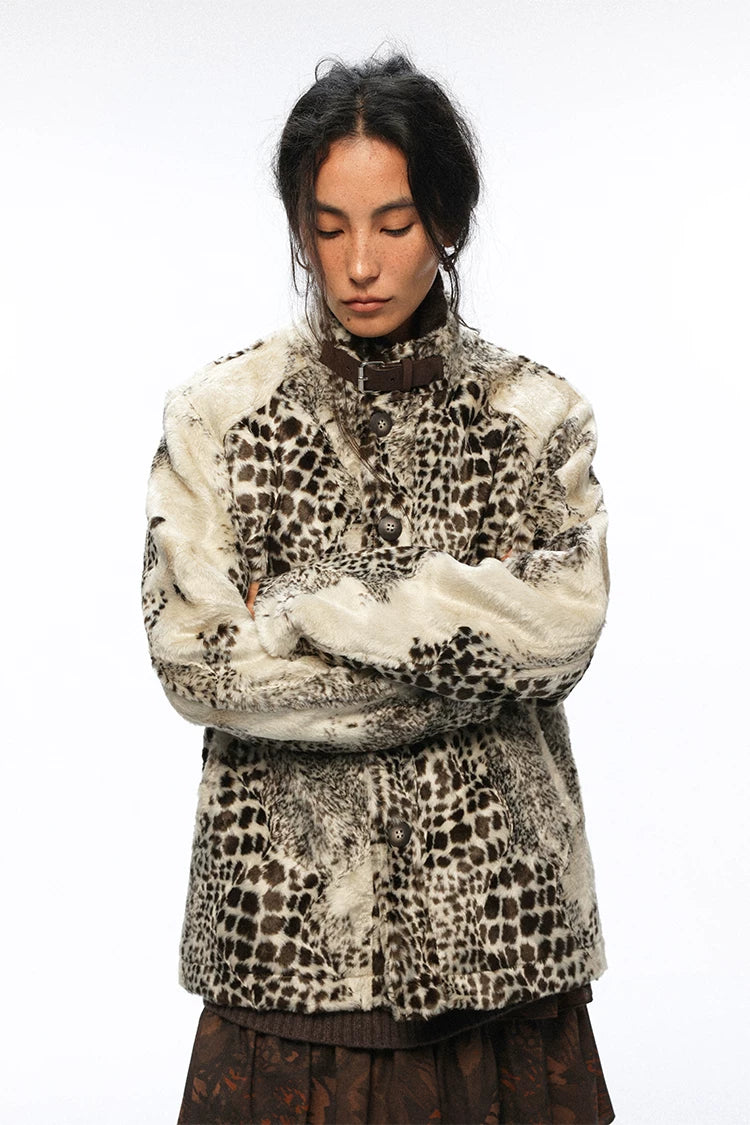 Leopard Print Faux Fur Glossy Stand Collar Cropped Casual Jacket