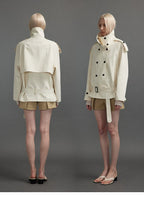 Cropped Trench Jacket with Stand Collar and Curved Shoulders
