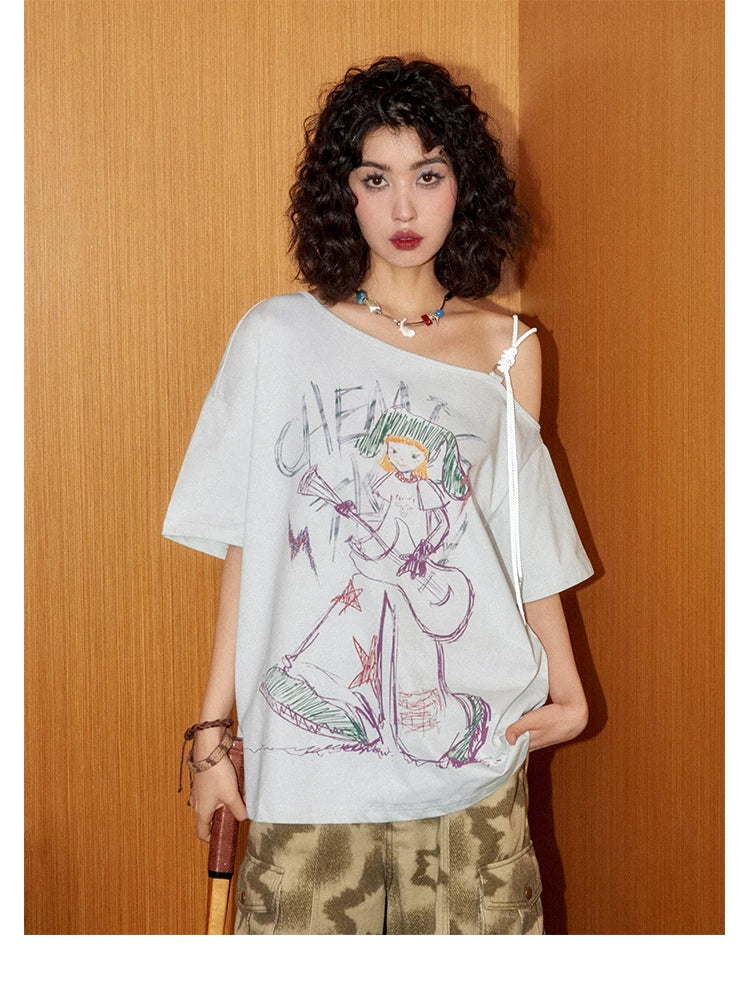 Hand-Drawn Graphic Off-Shoulder Short Sleeve T-Shirt