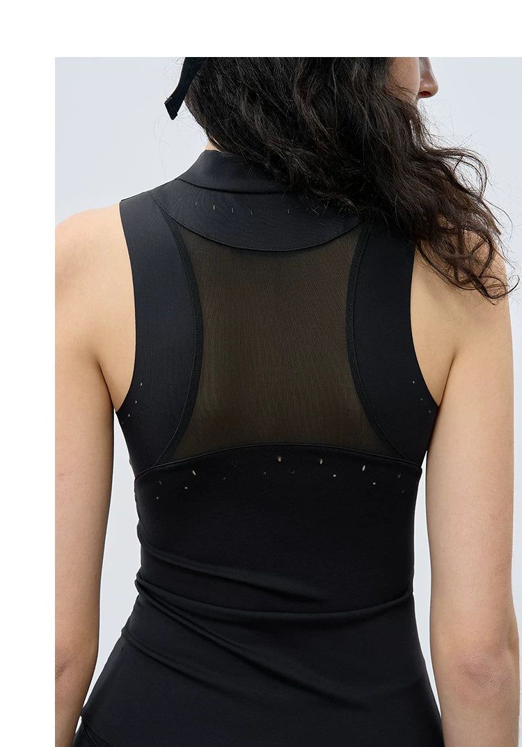 Summer Slim-Fit Hooded Mesh Panel Vest with Mini Stand Collar