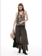 French-Inspired Faux Two-Piece Asymmetric Silk Skirt