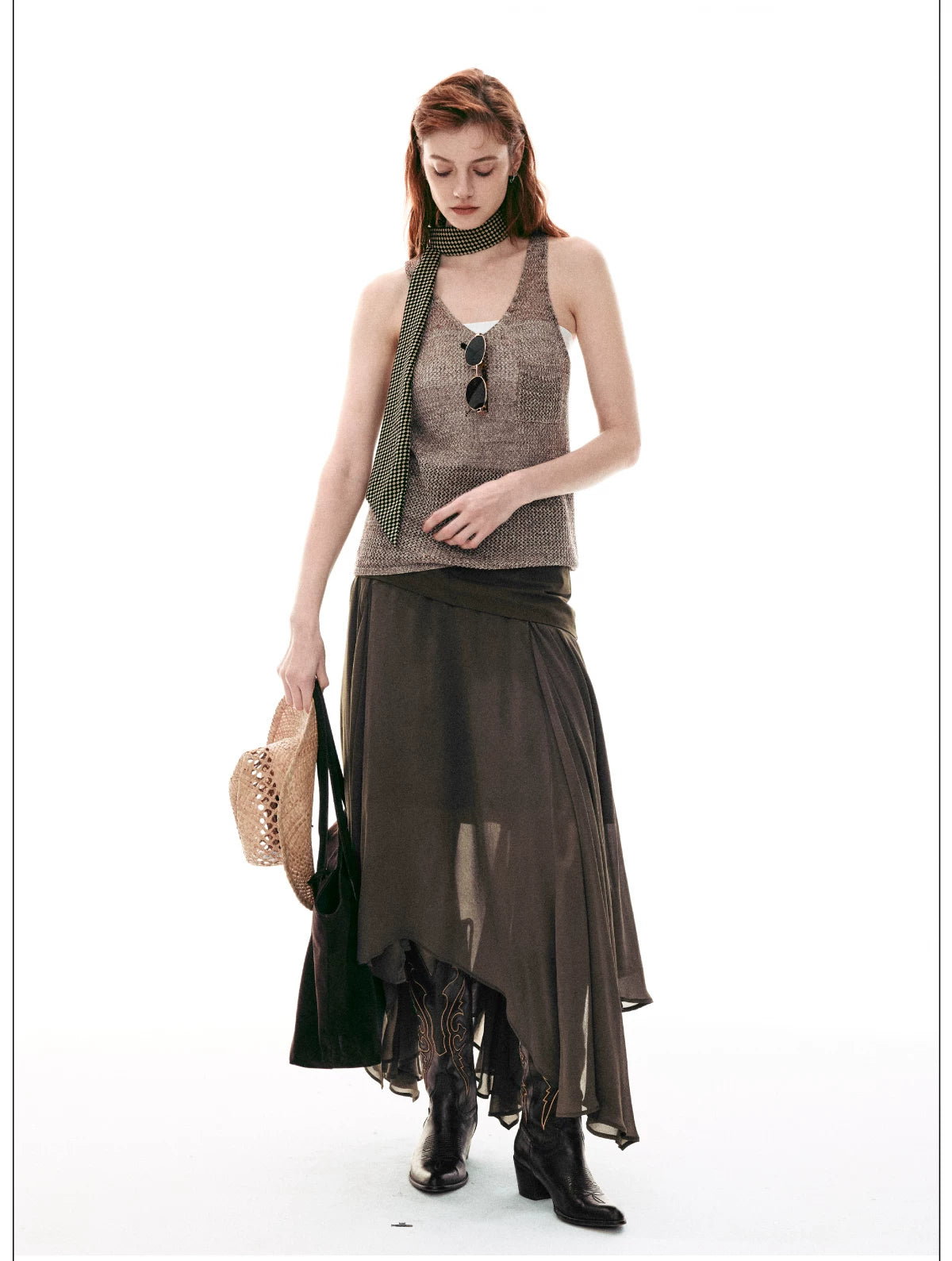 French-Inspired Faux Two-Piece Asymmetric Silk Skirt
