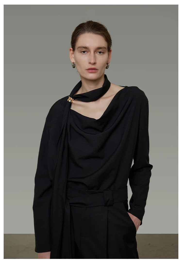 Elegant V-Neck Tie Detail Minimalist Shirt