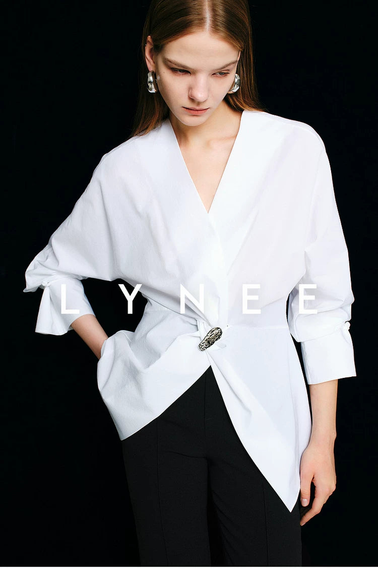 French V-Neck Waist-Cinching Blouse
