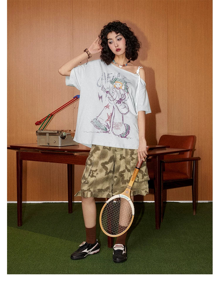 Hand-Drawn Graphic Off-Shoulder Short Sleeve T-Shirt