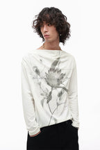 Moon Neck Asymmetric Floral Long Sleeve T-Shirt