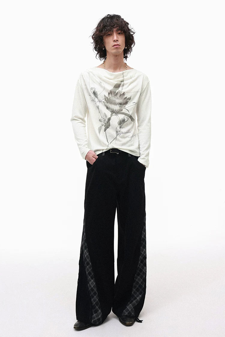 Moon Neck Asymmetric Floral Long Sleeve T-Shirt