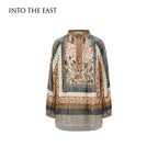 Vintage Boho Floral Print Lace Patchwork Ramie Blouse