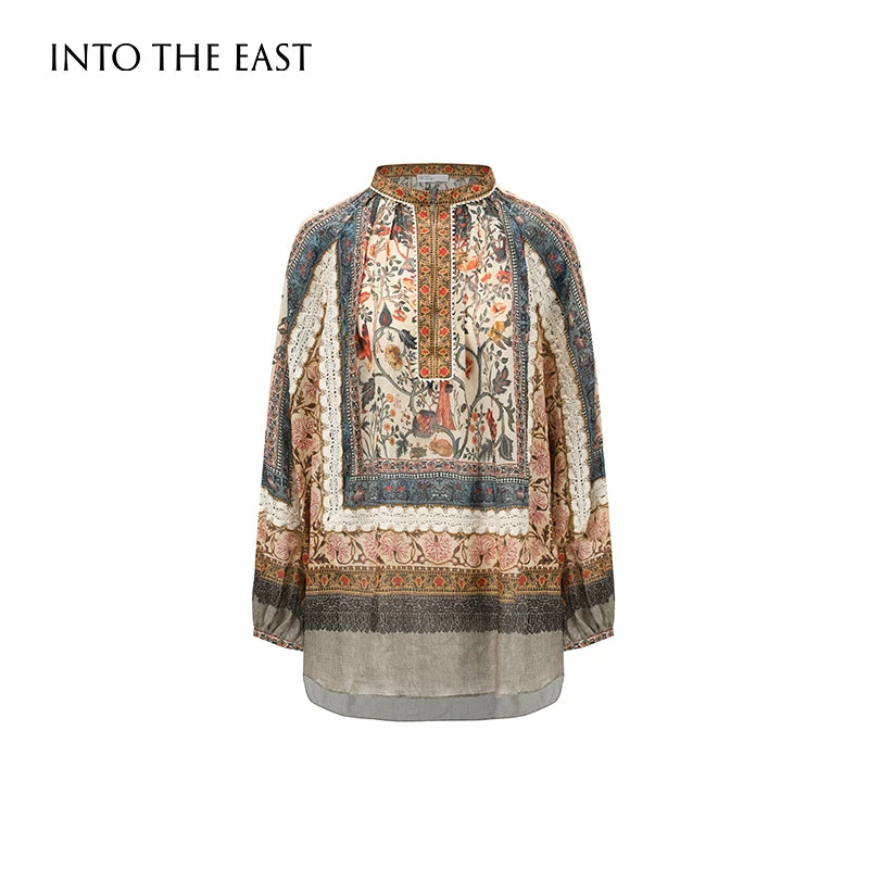 Vintage Boho Floral Print Lace Patchwork Ramie Blouse