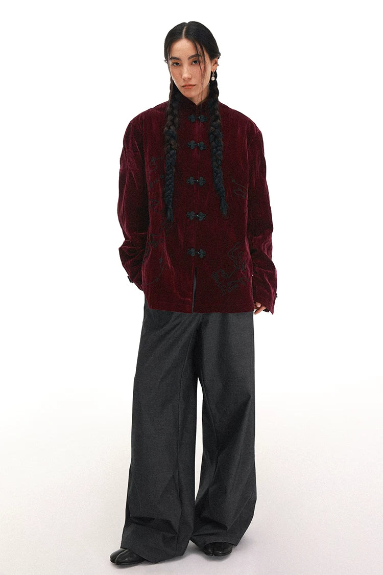 Year of the Horse Velvet Embroidered Chinese Frog Button Stand Collar Cardigan Jacket
