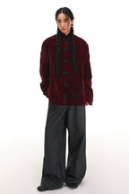 Year of the Horse Velvet Embroidered Chinese Frog Button Stand Collar Cardigan Jacket