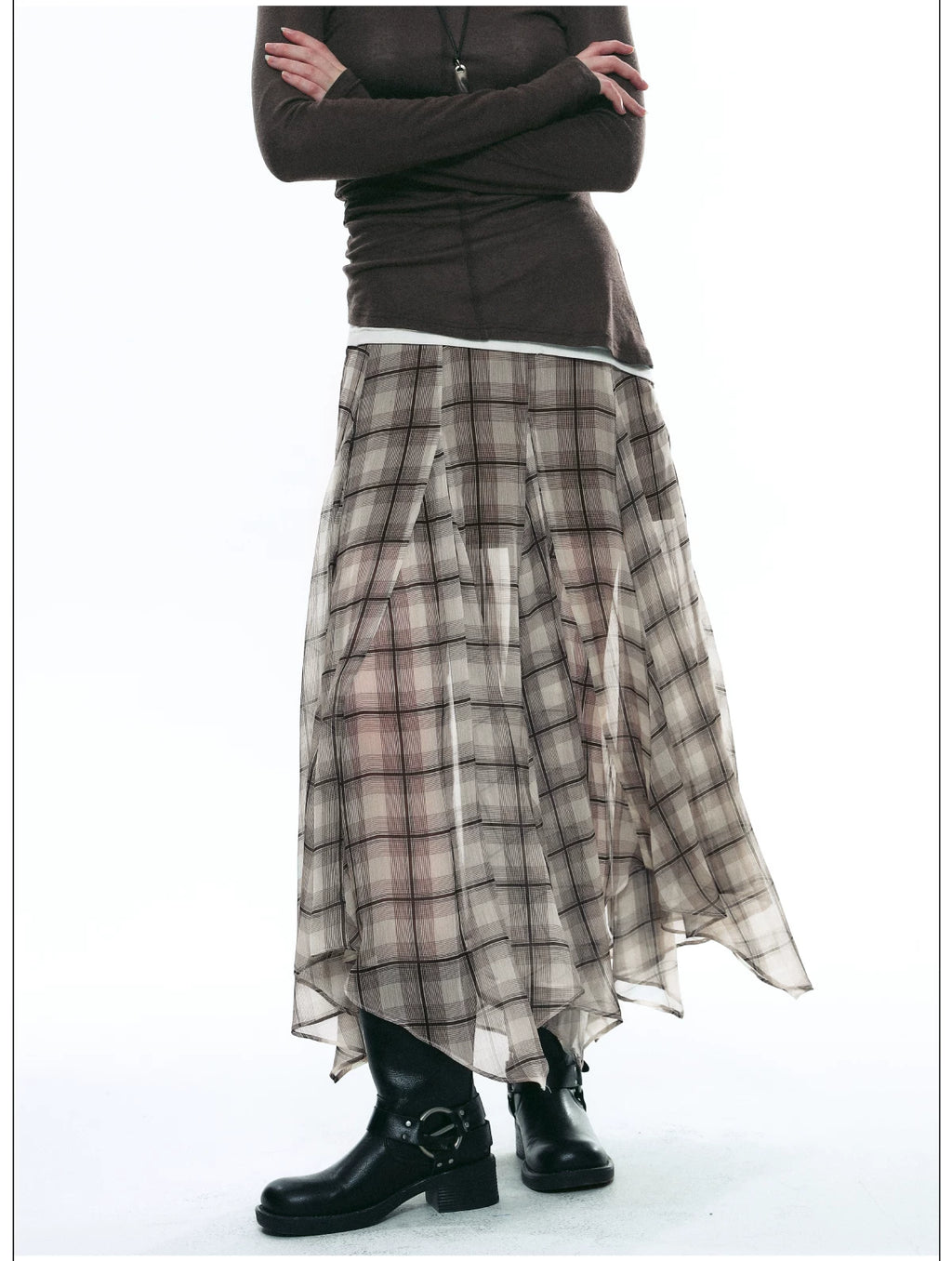 Autumn Scottish-Inspired Flowy Plaid Asymmetric Maxi Skirt