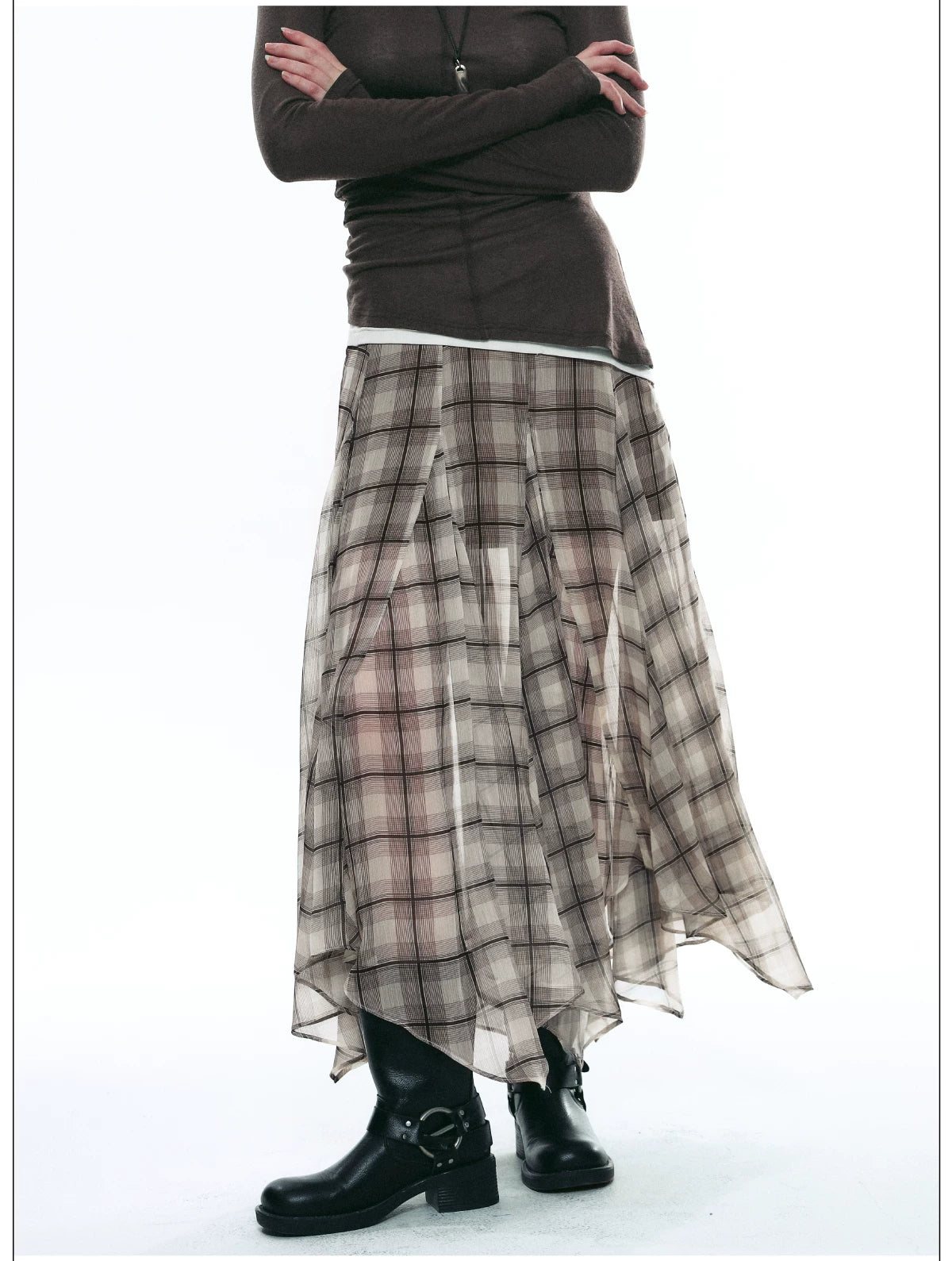 Autumn Scottish-Inspired Flowy Plaid Asymmetric Maxi Skirt