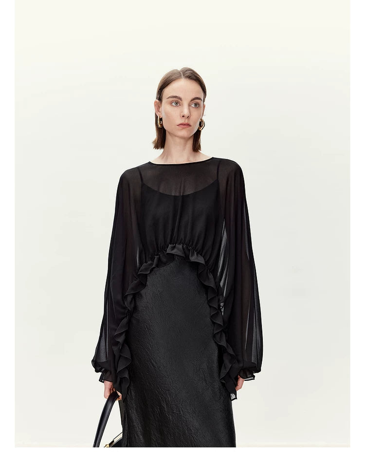 Versatile Sheer Chiffon Textured Ruffle Top