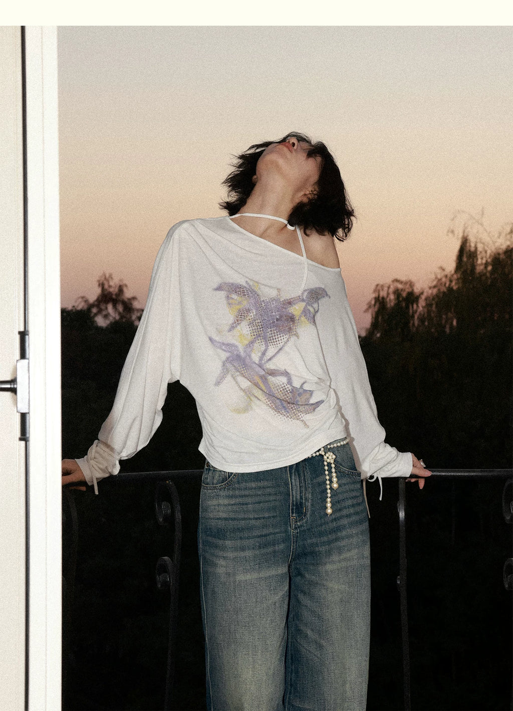 Orchid Print One-Shoulder Tie-Up Long Sleeve T-Shirt
