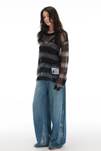 Soft Wool & Mohair Striped Open-Knit Distressed Sweater