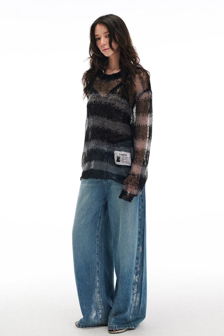 Soft Wool & Mohair Striped Open-Knit Distressed Sweater