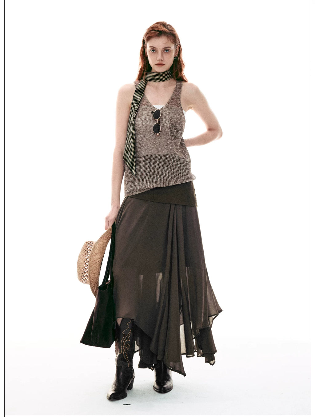 French-Inspired Faux Two-Piece Asymmetric Silk Skirt