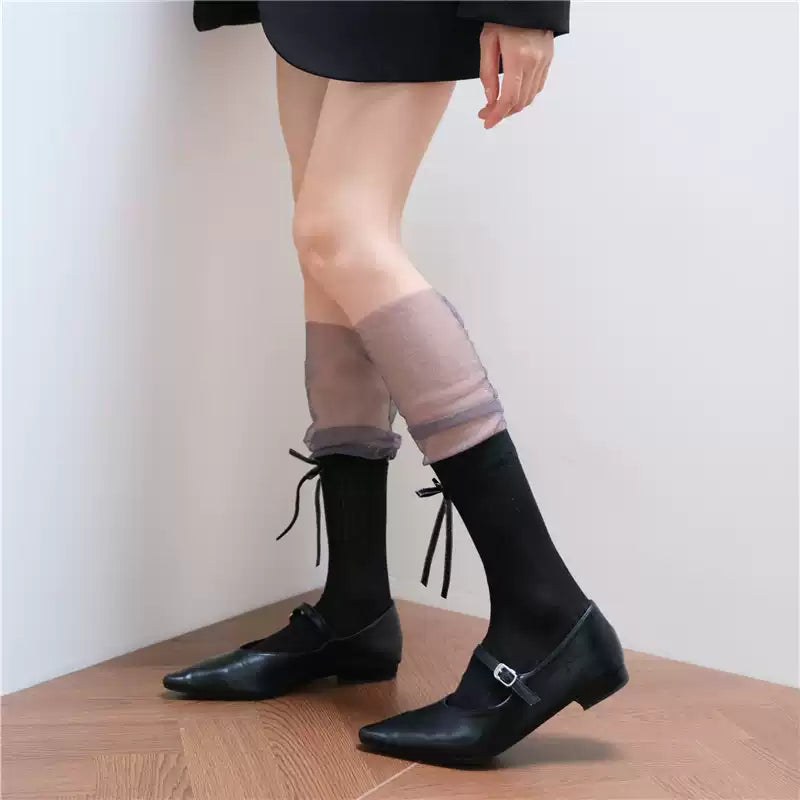 Quiet Luxury Ribbed Crew Socks with Sheer Mesh Cuffs