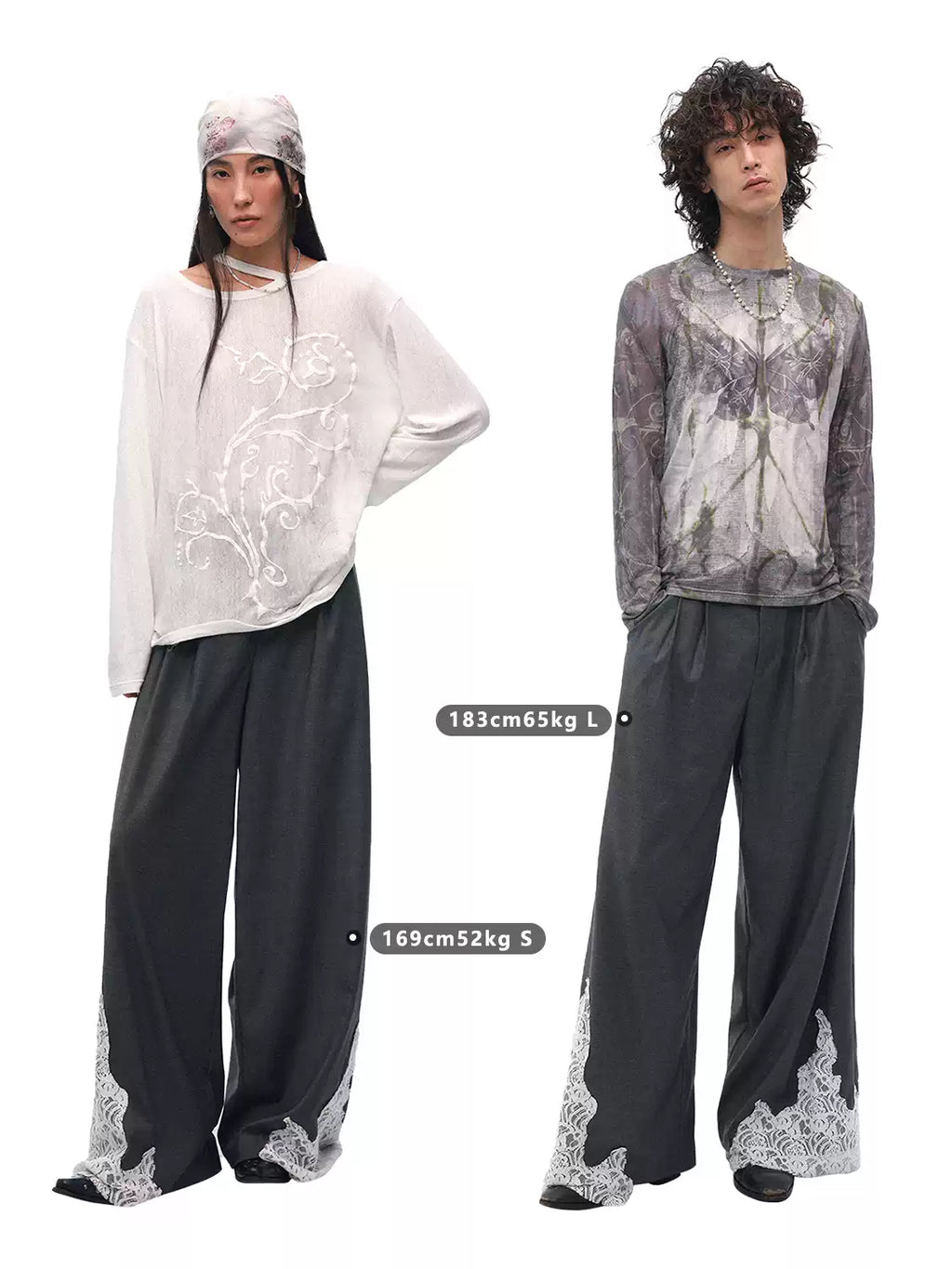 Draped Wool Trousers with Lace Patchwork