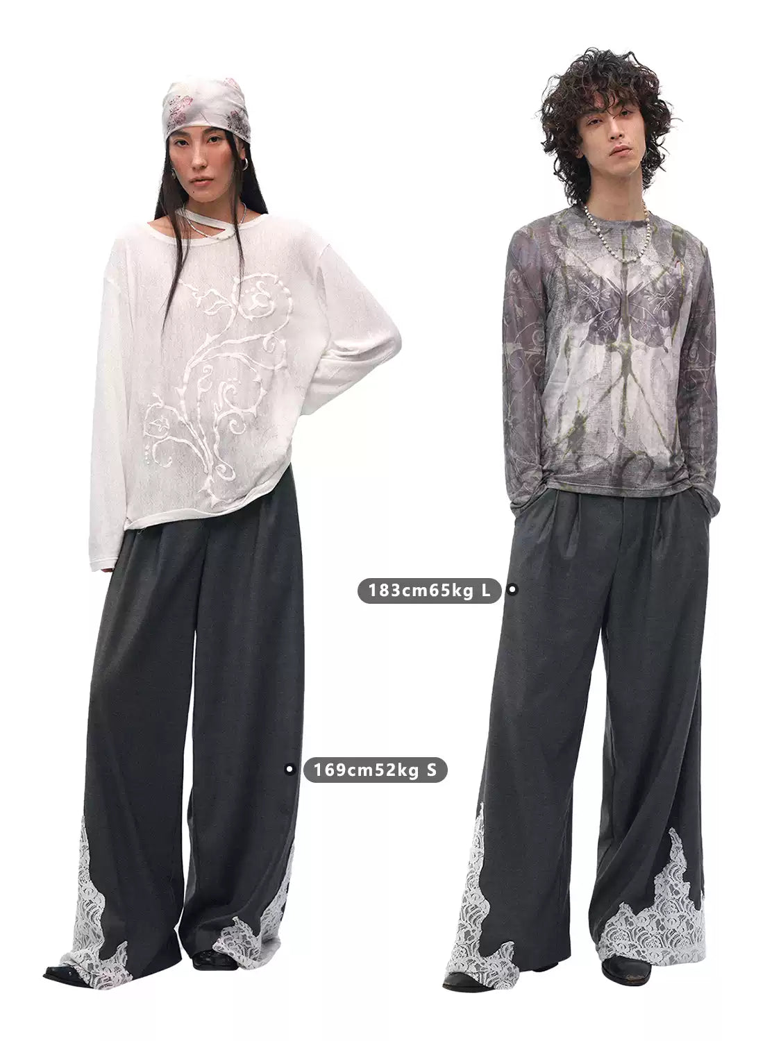 Draped Wool Trousers with Lace Patchwork