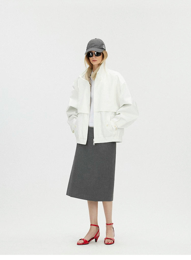 Contrast Trim Double-Placket Stand Collar Oversized Jacket