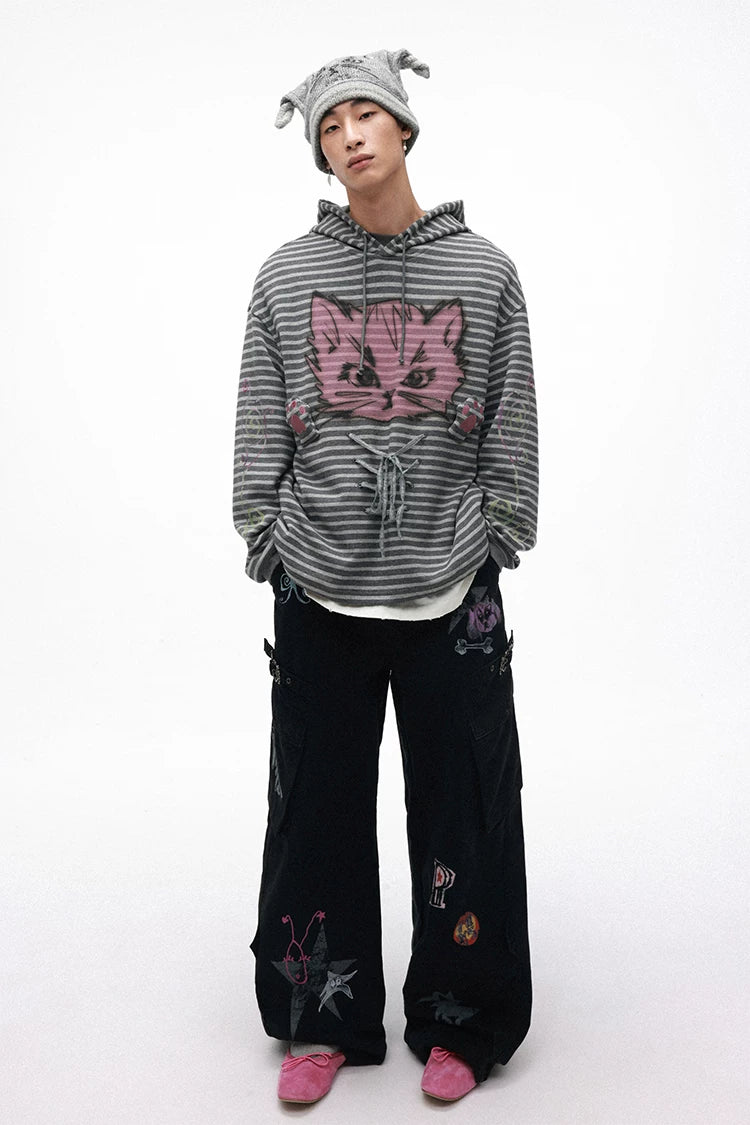 Grotesque Cat Paw Print Lace Trim Loose Striped Hooded Long Sleeve T-Shirt