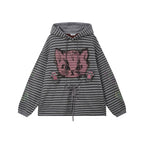 Grotesque Cat Paw Print Lace Trim Loose Striped Hooded Long Sleeve T-Shirt