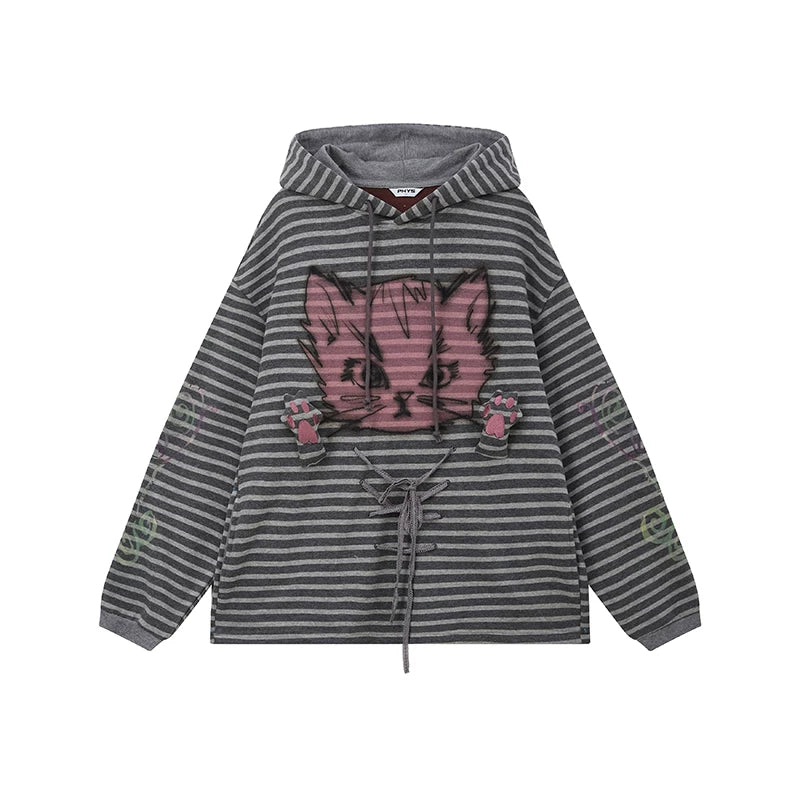 Grotesque Cat Paw Print Lace Trim Loose Striped Hooded Long Sleeve T-Shirt Main image